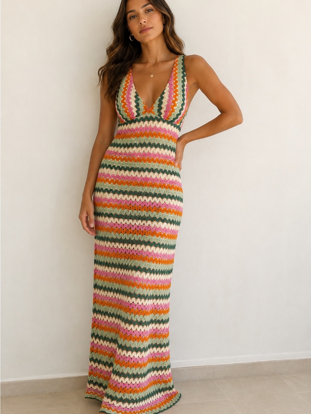 Premier Amour Women’s M Crochet Chevron Halter Maxi Dress Multicolor NWT $79